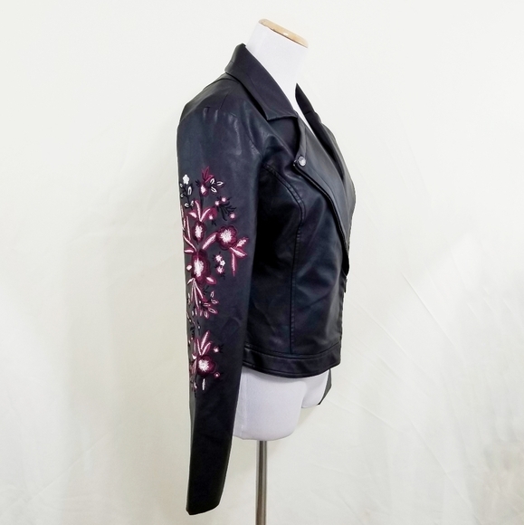 Guess Floral embroidered leather moto jacket black small - Picture 2 of 8